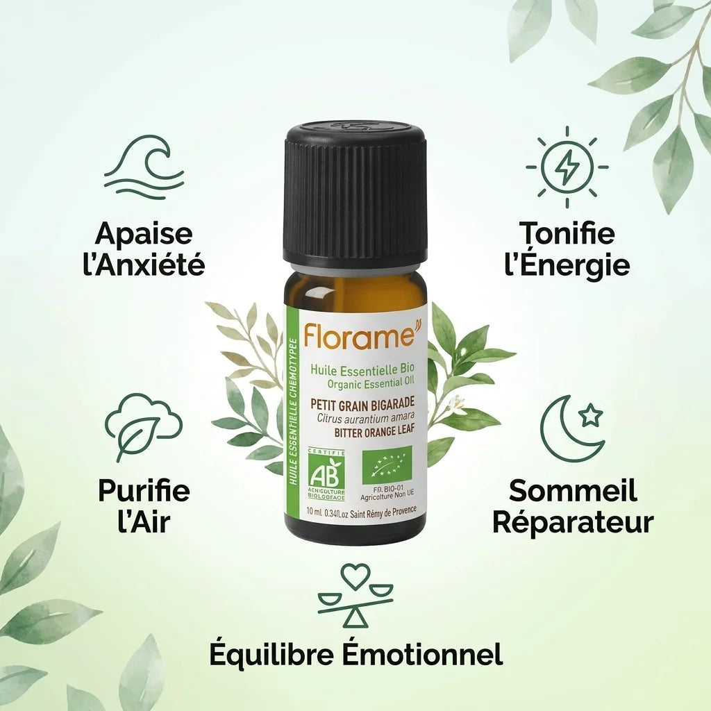 Huile essentielle bio Petit Grain Bigarade Florame 10ml avec ses 5 bénéfaits principaux