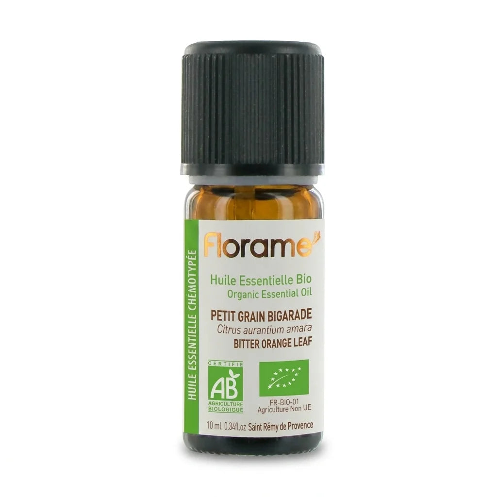 Huile essentielle bio Petit Grain Bigarade 10ml Florame bouteille ambre fond blanc