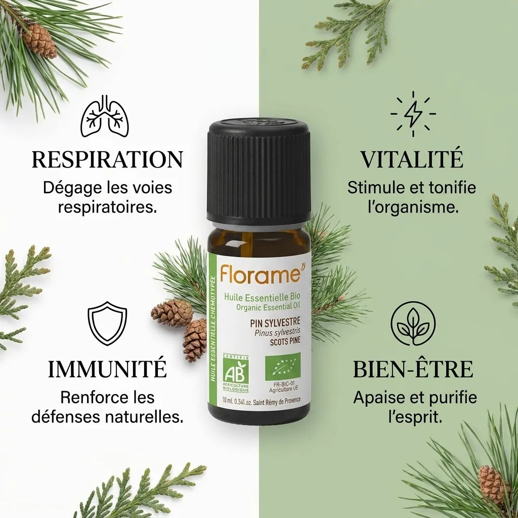 Huile essentielle bio pin sylvestre Florame 10ml avec bénéfices respiration, vitalité, immunité et bien-être