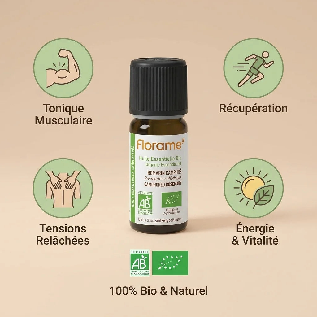 Huile essentielle Bio Romarin Camphre Florame 10ml avec ses bienfaits : tonique musculaire, récupération, énergie