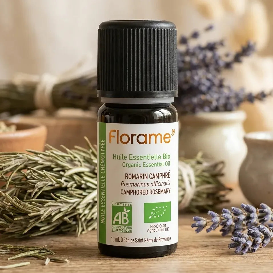 Huile essentielle bio Romarin à Camphre Florame 10ml flacon verre noir étiquette verte