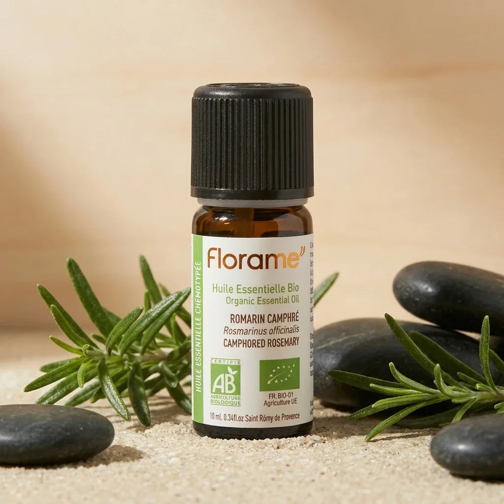 Huile essentielle Bio Romarin Camphre Florame 10ml avec romarin frais et pierres