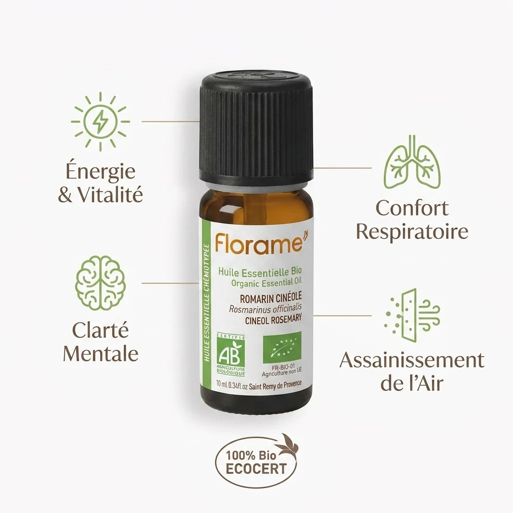 Huile essentielle Bio Romarin Cinéole 10ml Florame avec bénéfices énergie et clarté mentale