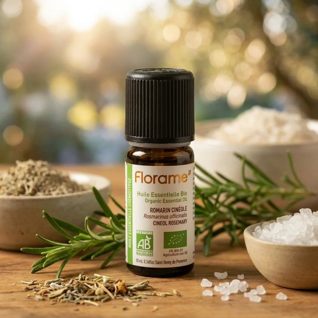 Huile essentielle Bio Romarin Cinéole Florame 10ml avec branches fraîches sur surface bois