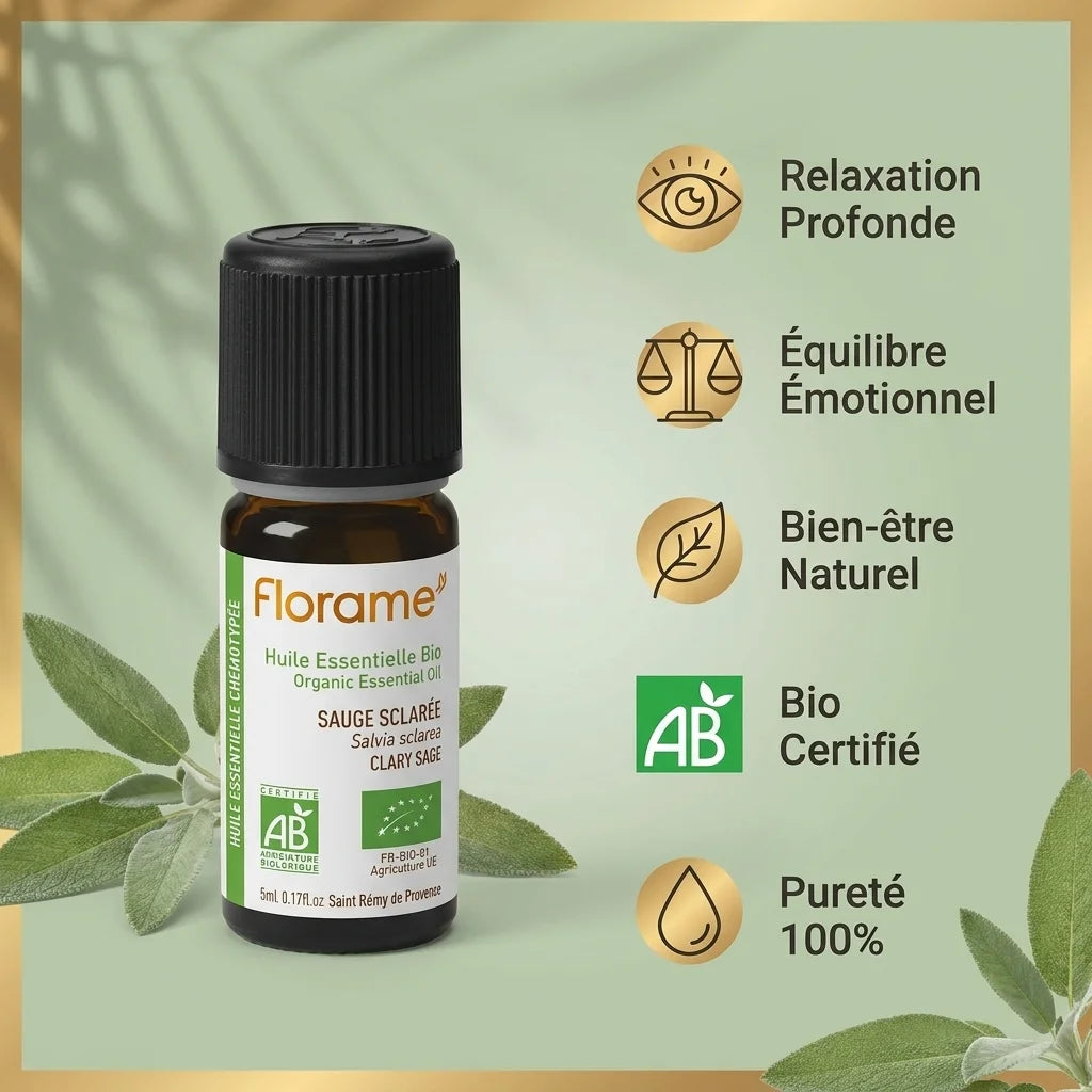 Huile essentielle Bio Sauge Sclarée 5ml Florame avec bénéfices relaxation et équilibre émotionnel
