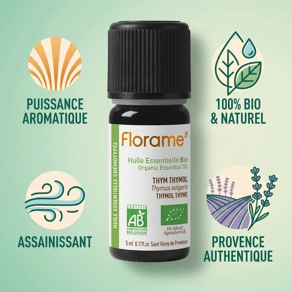 Huile essentielle Bio Thym Fort Thymol 5ml Florame avec bénéfices aromatiques et naturels