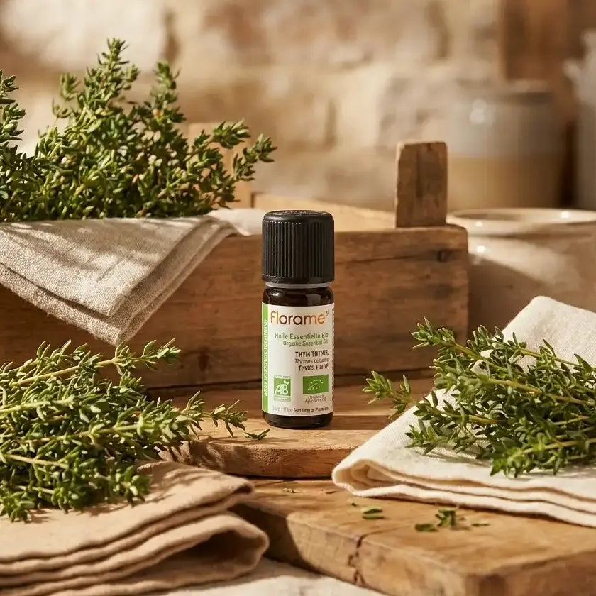 Flacon d'huile essentielle bio Thym Fort Florame 5ml entouré de brins de thym frais et éléments provençaux