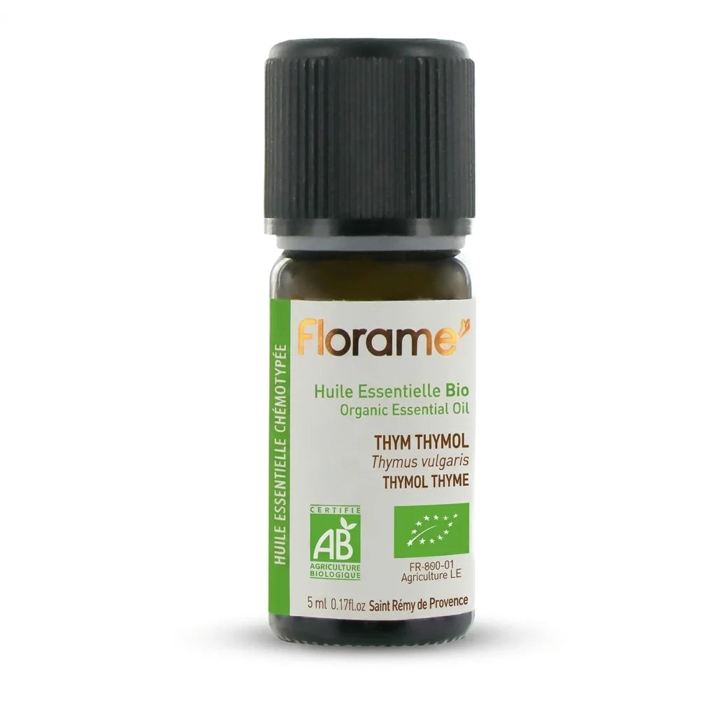 Huile essentielle Bio Thym Fort Thymol 5ml Florame bouteille verte fond blanc