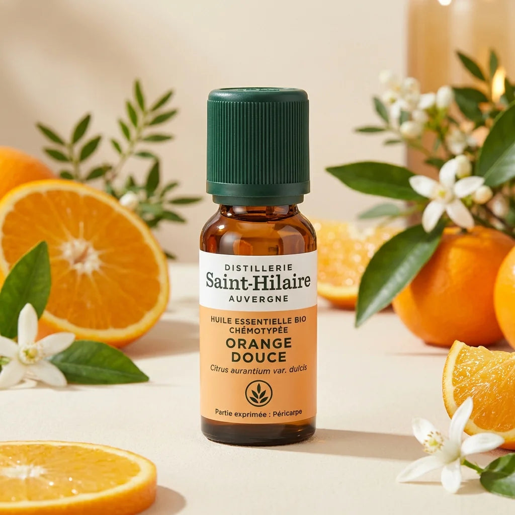 Huile essentielle orange douce bio Saint Hilaire 10ml avec tranches d'orange et fleurs biologiques