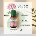 Huile essentielle géranium rosat bio Saint Hilaire 10ml flacon verre avec étiquette rose