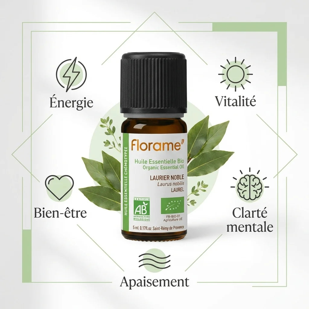 Huile essentielle Laurier noble bio Florame 5ml avec bénéfices énergie vitalité bien-être