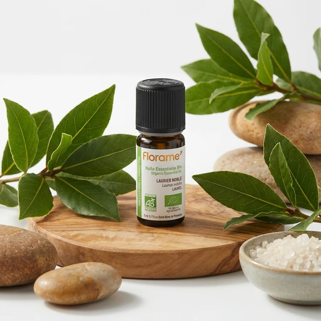 Flacon Florame huile essentielle Laurier noble bio 5ml avec feuilles de laurier frais et bois naturel