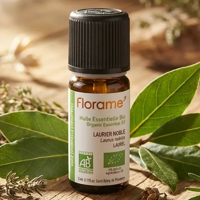 Huile essentielle de Laurier noble bio Florame 5ml avec feuilles de laurier frais