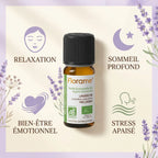 Huile essentielle Lavande Fine bio Florame 10ml avec icônes relaxation, sommeil et bien-être