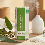 Huile essentielle Ravintsara Bio 10ml Eolesens avec feuilles eucalyptus et diffuseur