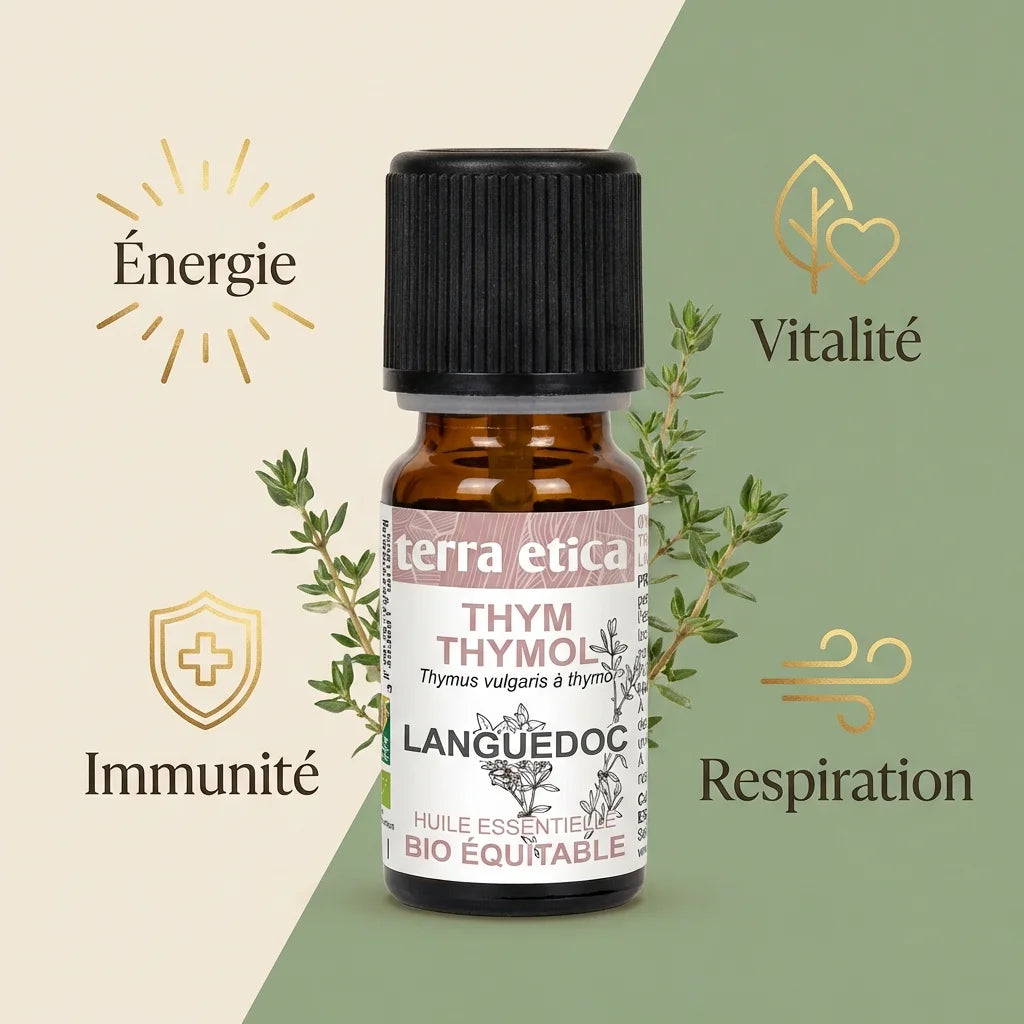Huile essentielle Thym Thymol 5ml Terra Etica avec bénéfices énergy, vitalité et immunité