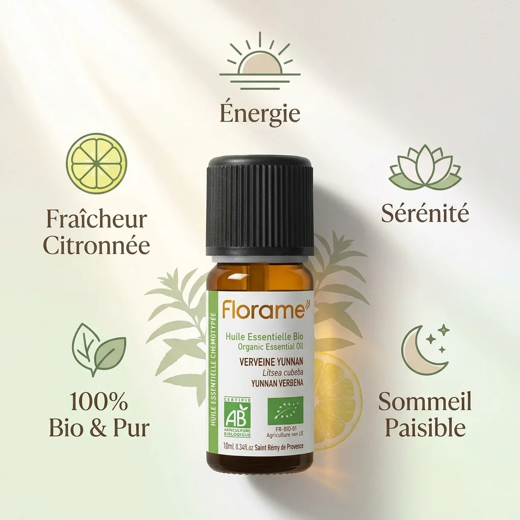 Huile essentielle Verveine Yunnan Bio Florame 10ml avec bénéfices bien-être énergy sérénité