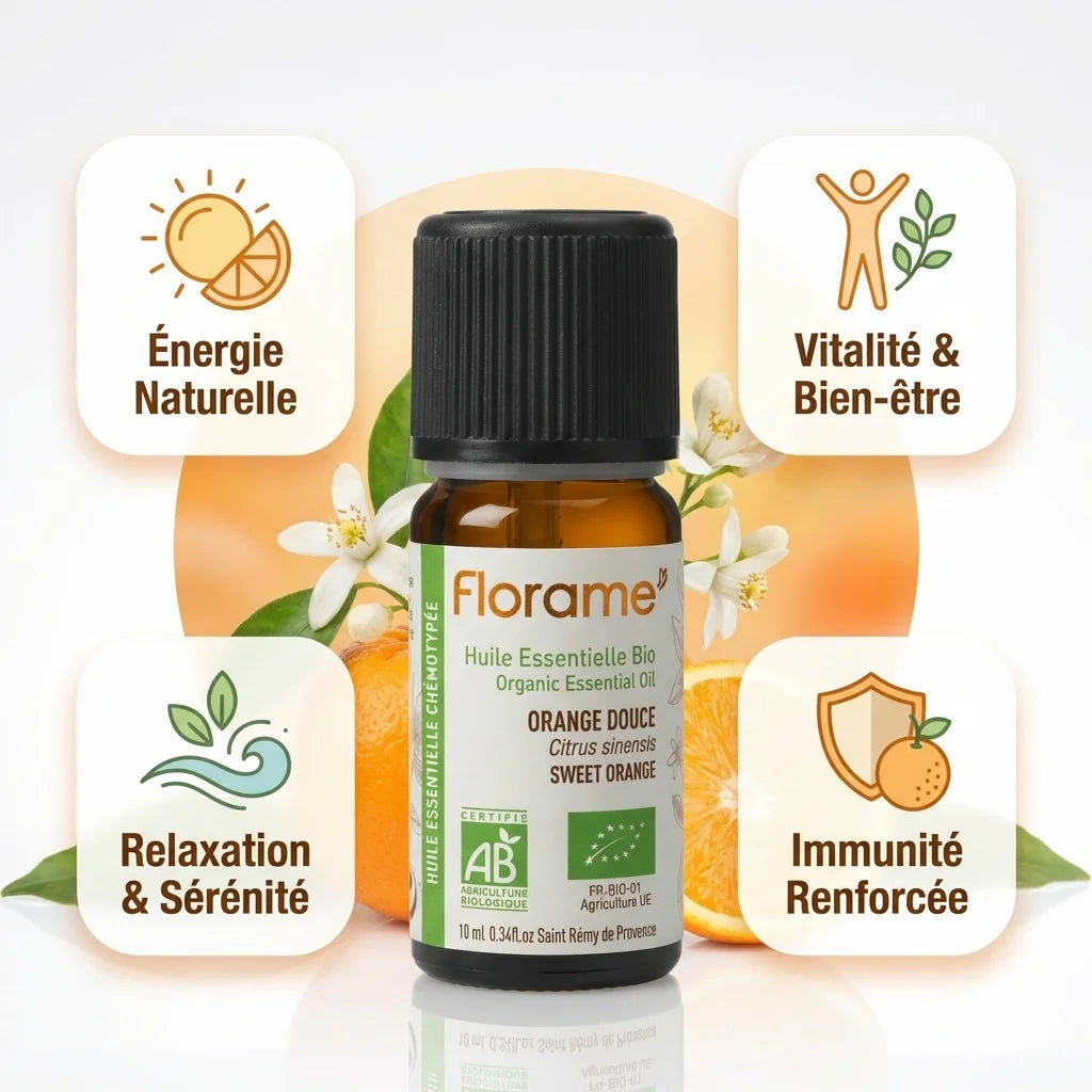 Huile essentielle orange douce bio 10ml Florame avec infographies bienfaits énégie vitalité relaxation immunité