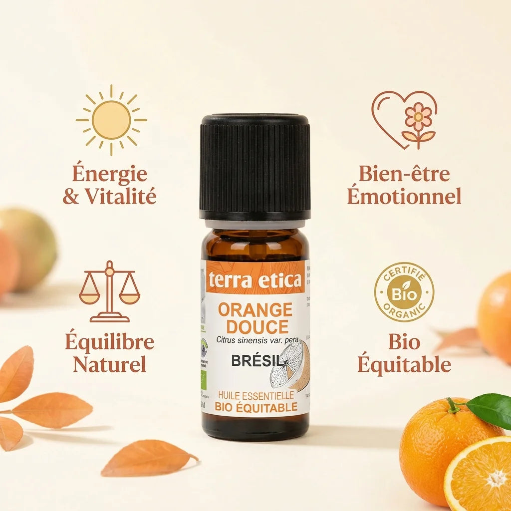 Huile essentielle orange douce bio Terra Etica 10ml avec bénéfices bien-être et certification équitable