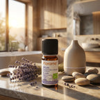 Huile essentielle Relax Bio Florame 10ml entourée de lavande et pierre dans un diffuseur spa