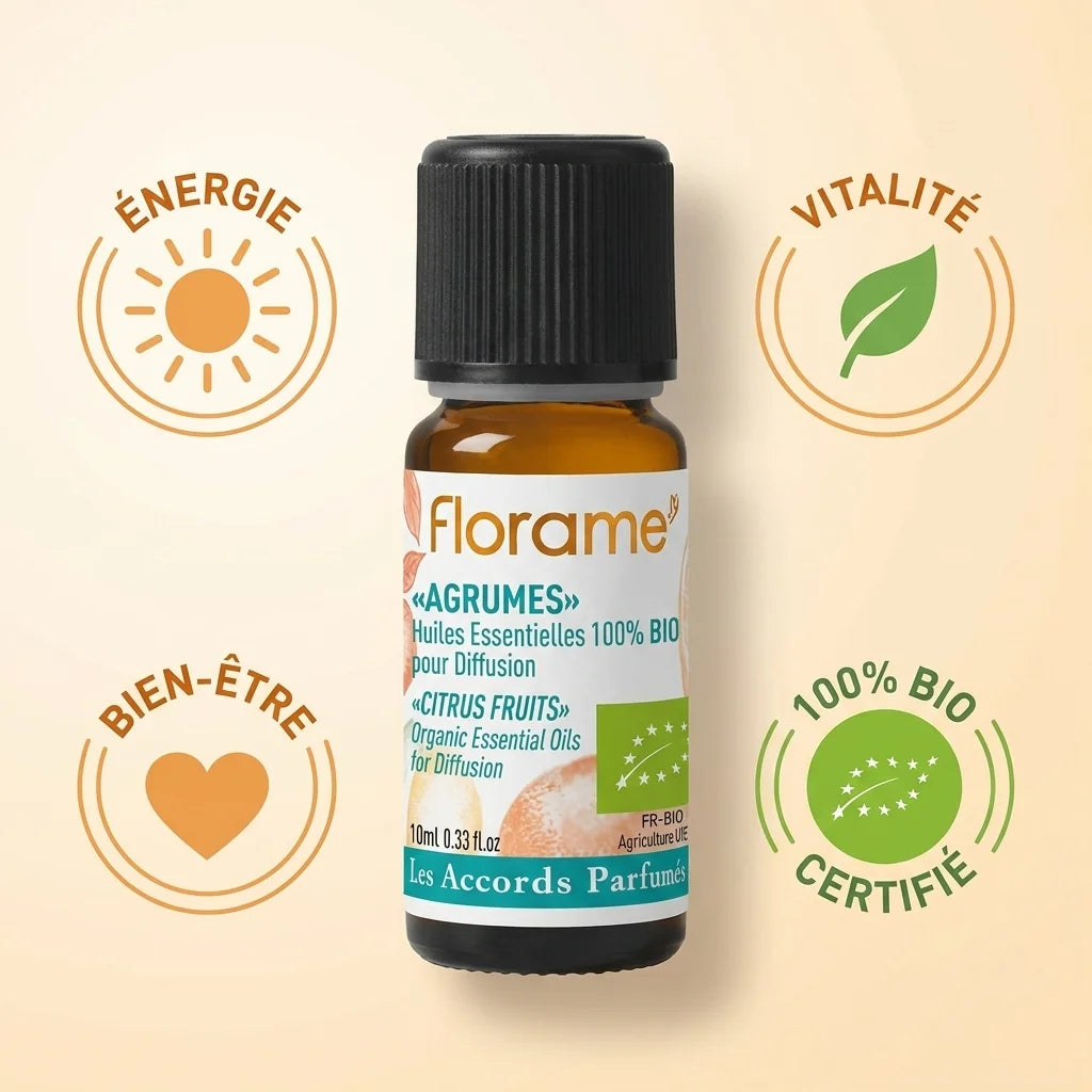 Huile essentielle Agrumes Bio Florame 10ml avec bénéfices énergie, vitalité et bien-être