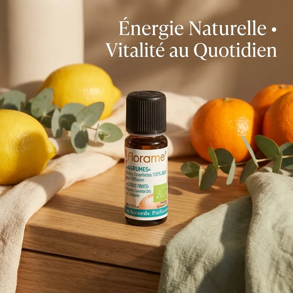 Flacon d'huile essentielle Florame agrumes bio 10ml entouré de citrons frais et eucalyptus sur vanity wellness