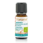 Flacon huile essentielle Agrumes Bio 10ml Florame sur fond blanc, étiquette certifiée bio