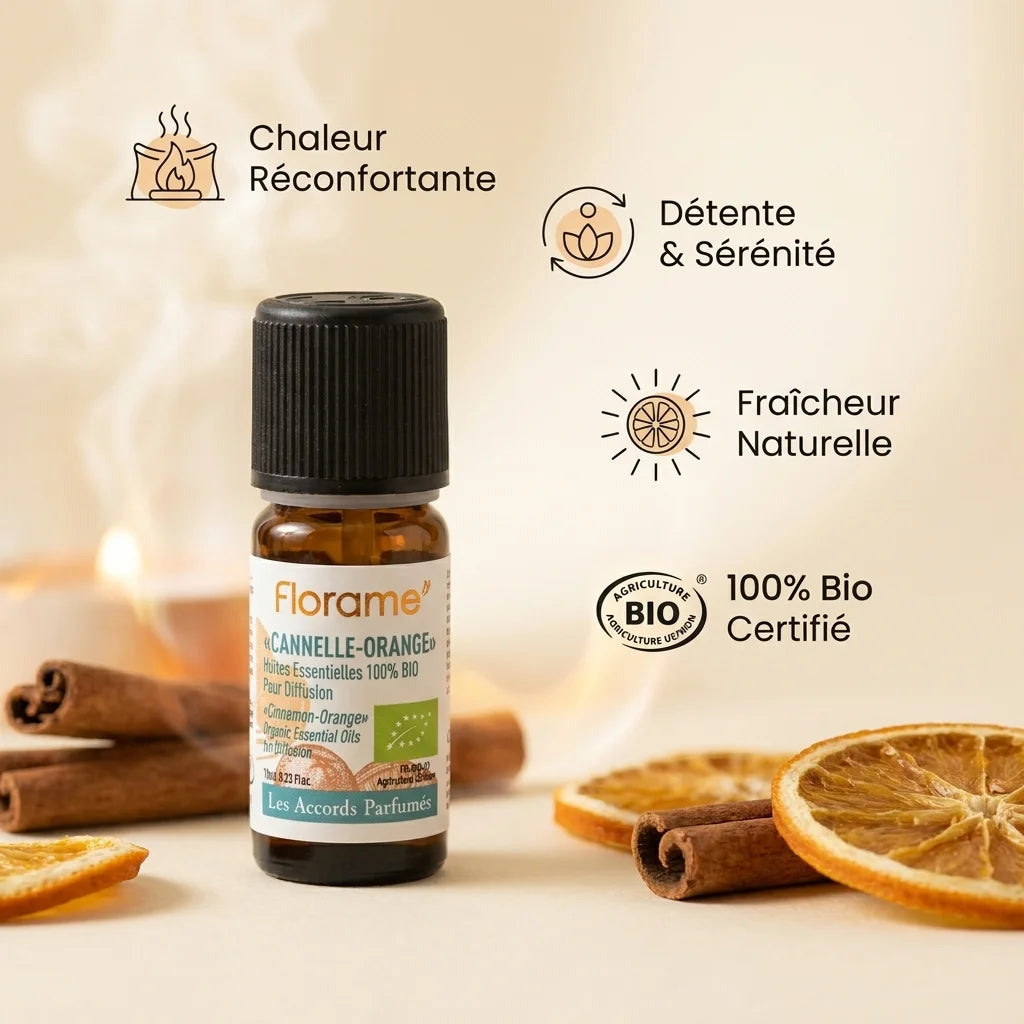 Flacon huile essentielle Cannelle-Orange Bio Florame 10ml avec icônes bénéfices et ingrédients naturels