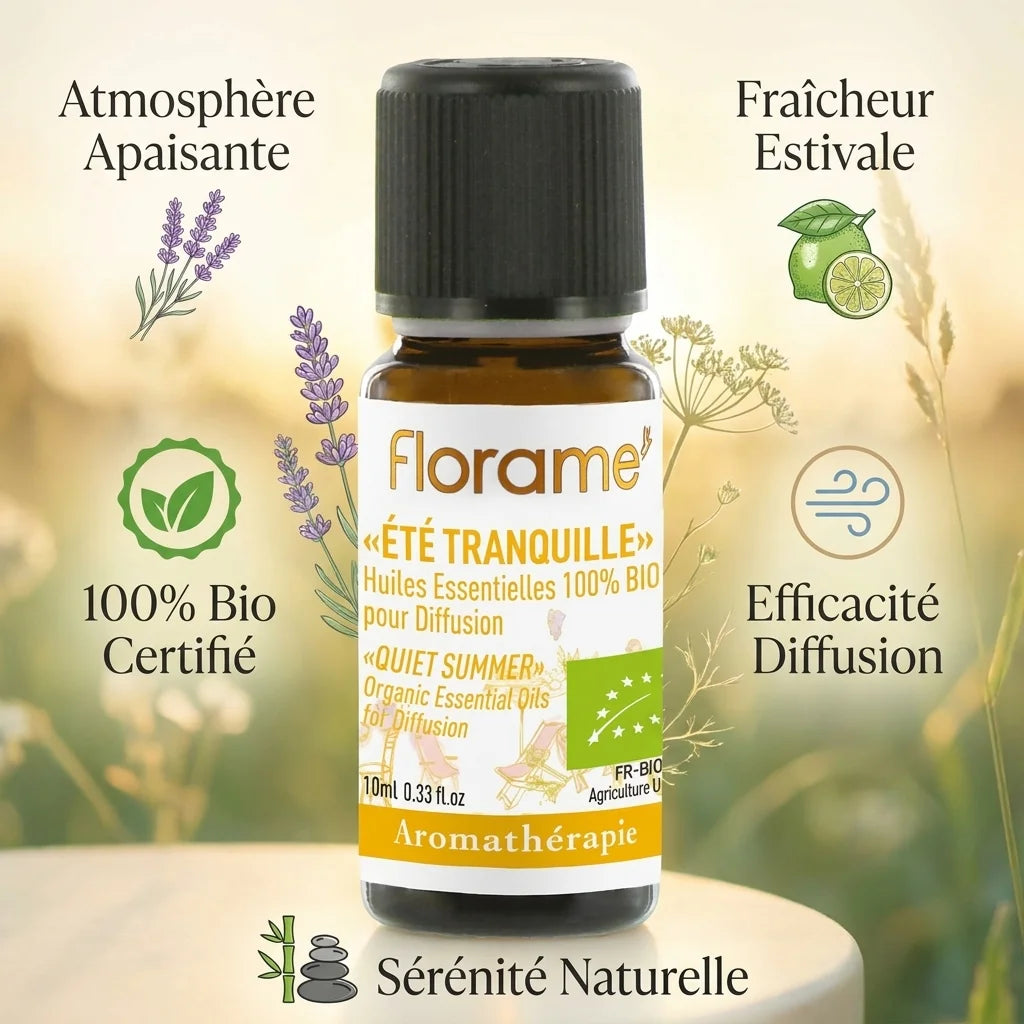 Huile essentielle Florame Été Tranquille 10ml bio avec infographie des bénéfices et certification