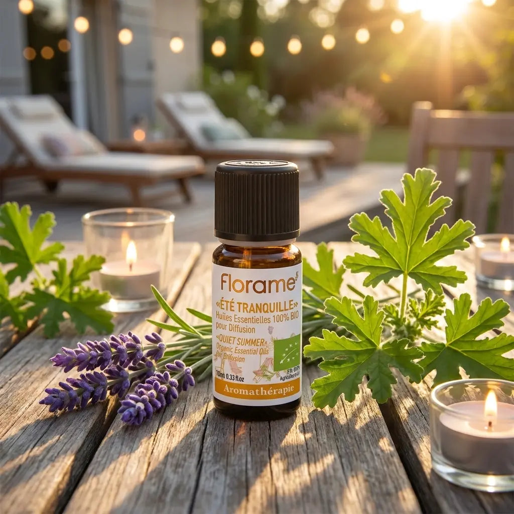 Flacon 10ml Huiles essentielles Été Tranquille Bio Florame entouré de lavande et bougies