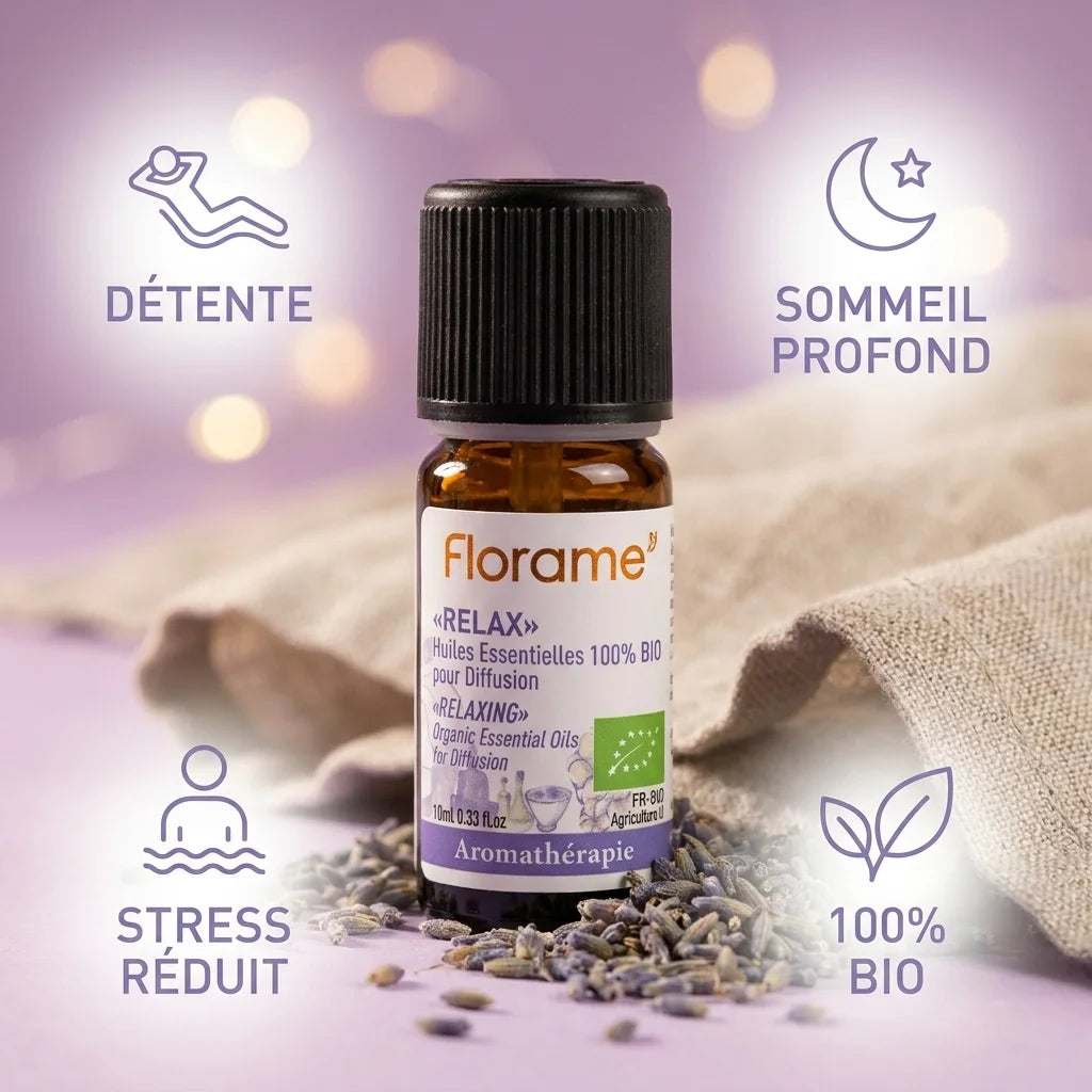 Flacon Florame Relax 10ml bio avec lavande, détente et sommeil profond