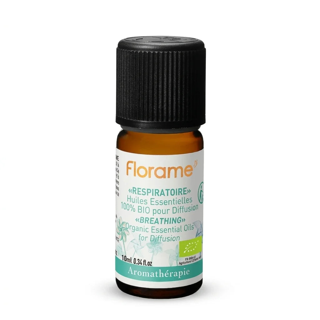 Flacon d'huile essentielle Respiratoire Bio Florame 10ml en verre ambré avec bouchon noir