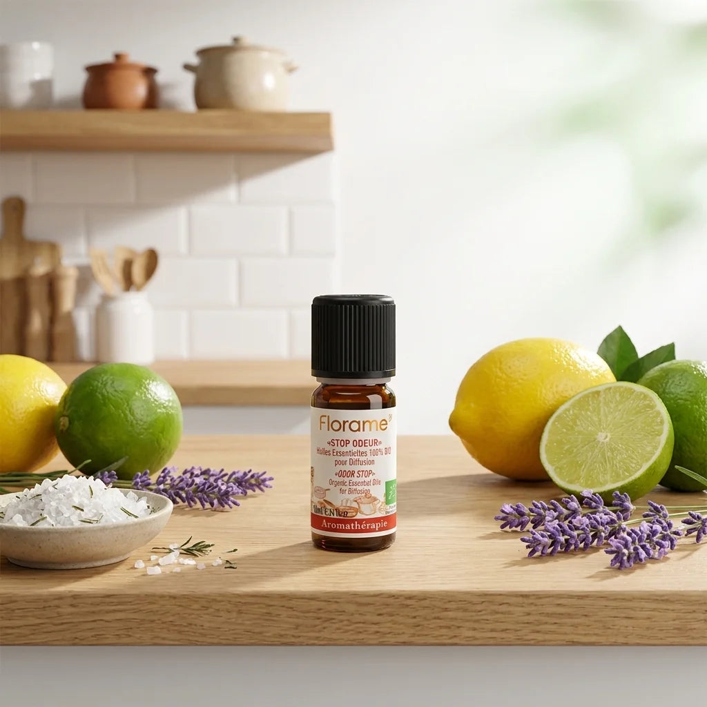Florame Stop Odeur Bio 10ml huile essentielle en flacon ambré avec agrumes et lavande