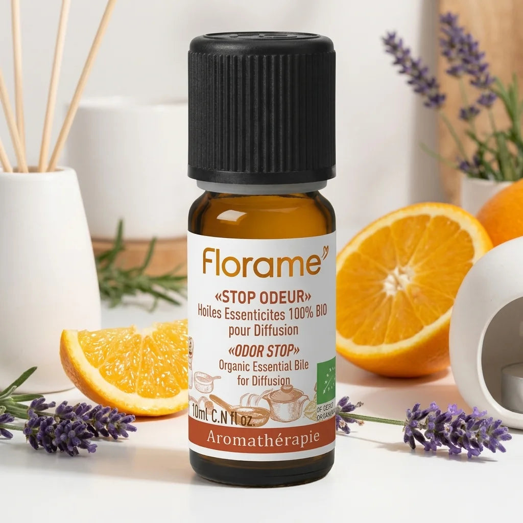 Flacon Florame Stop Odeur Bio 10ml avec lavande et agrumes, huile essentielle naturelle