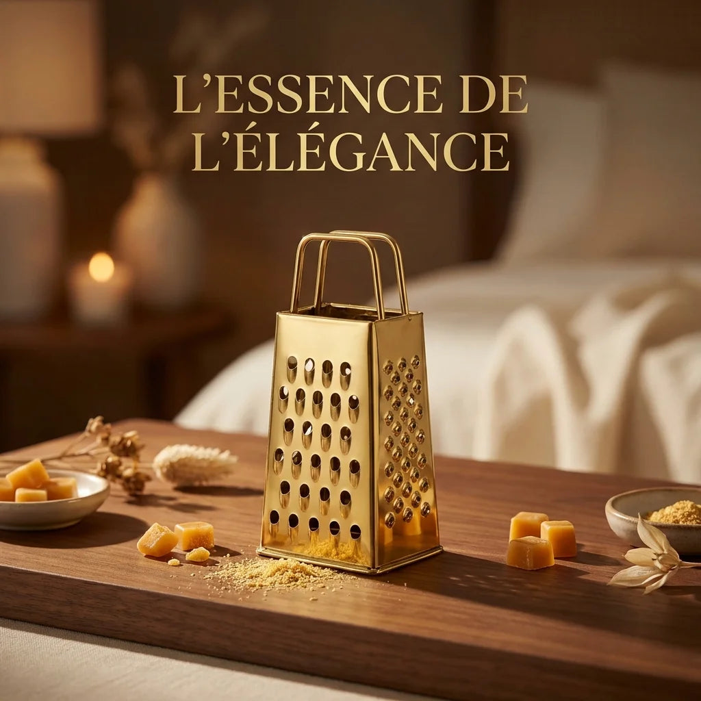 Mini Râpe Dorée dorée pour carré d'ambre Scentchips dans un setting élégant avec carrés de cire