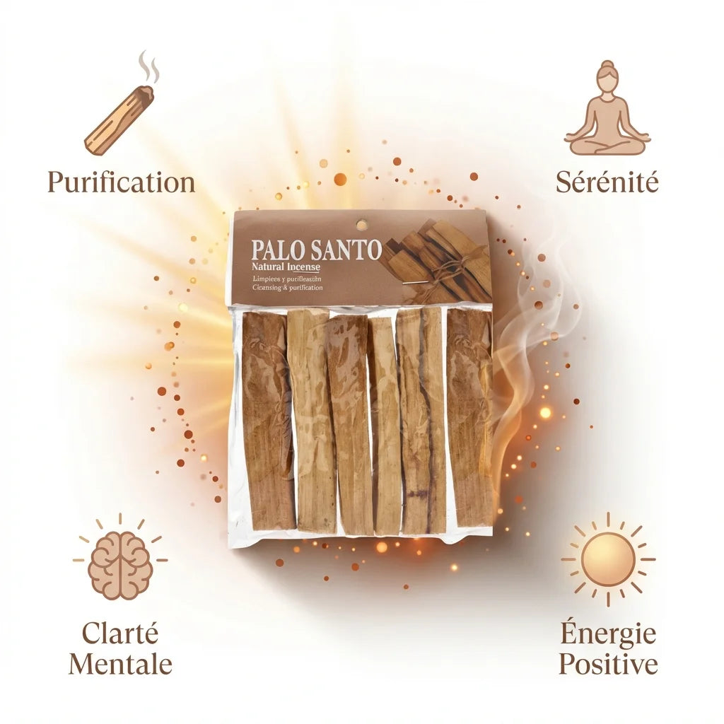 Palo Santo bâtonnets 80g avec bénéfices purification, sérénité, clarté mentale et énergie positive