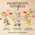 Parfum d'intérieur Amour Jolis Baume 100ml avec sa liste d'ingrédients naturels (Patchouli, Géranium, Ylang-Ylang) sur fond crème