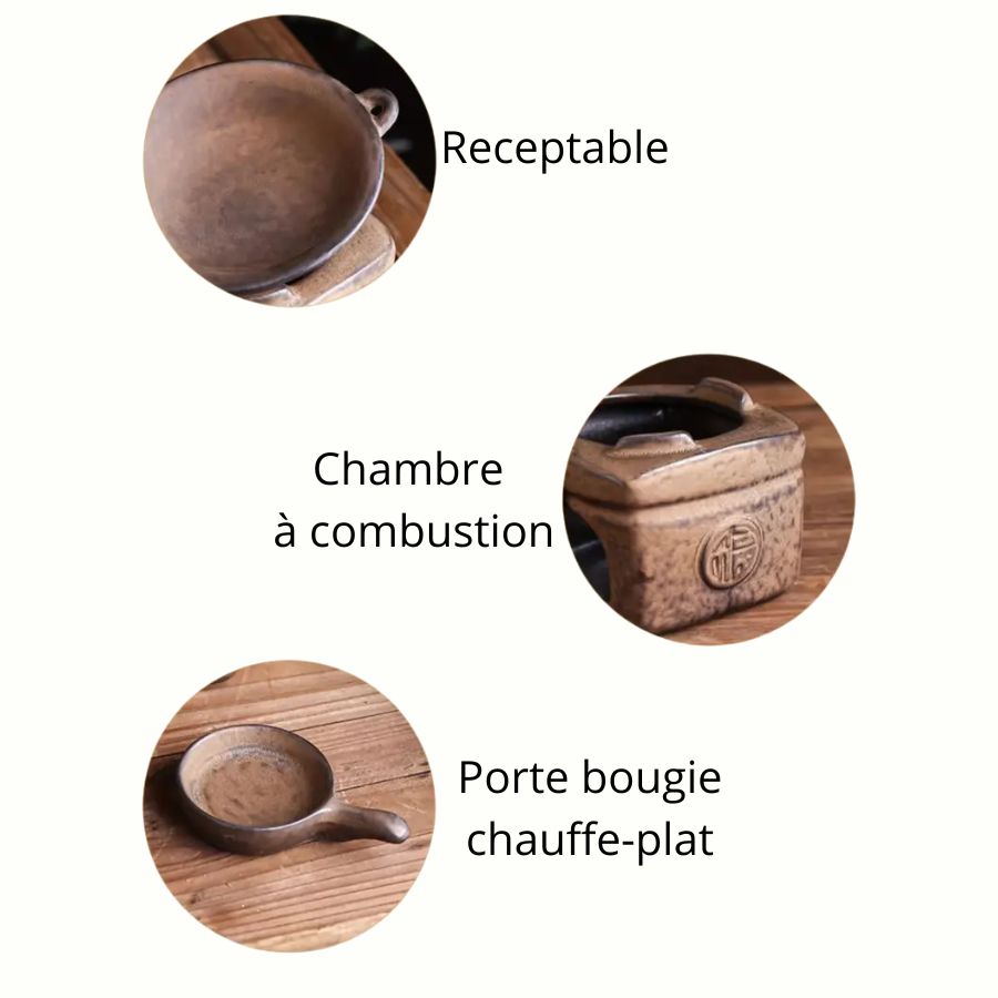 Zoom sur les trois différentes parties du brûleur d'encens en céramique artisanal Effet pierre