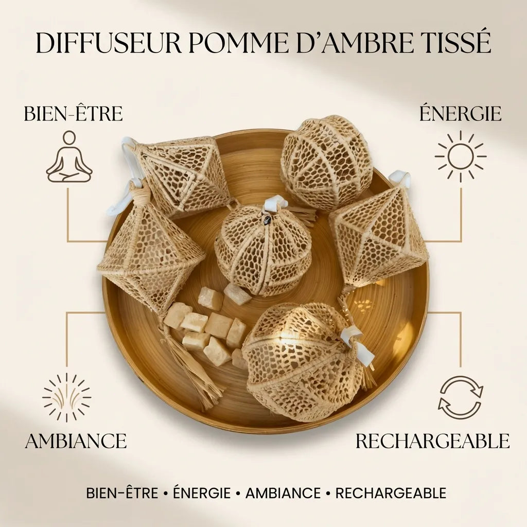 Pomme Raphia Parfumée Ambre - Diffuseur rechargeable avec icônes bien-être, énergie et ambiance