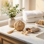 Pomme Raphia Parfumée Ambre diffuseur rechargeable sur marbre avec éléments botaniques