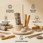 Porte-encens 3-en-1 en céramique texturée avec palo santo, sauge et design minimaliste luxe
