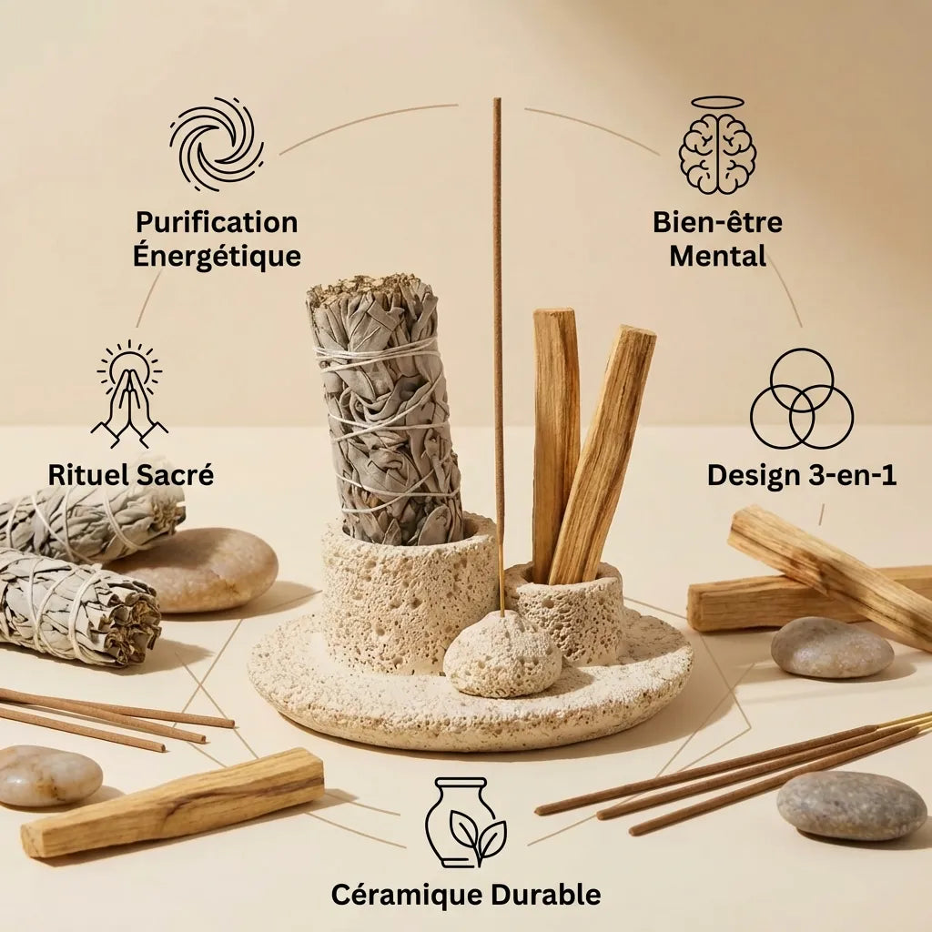 Porte-encens 3-en-1 en céramique texturée avec palo santo, sauge et design minimaliste luxe