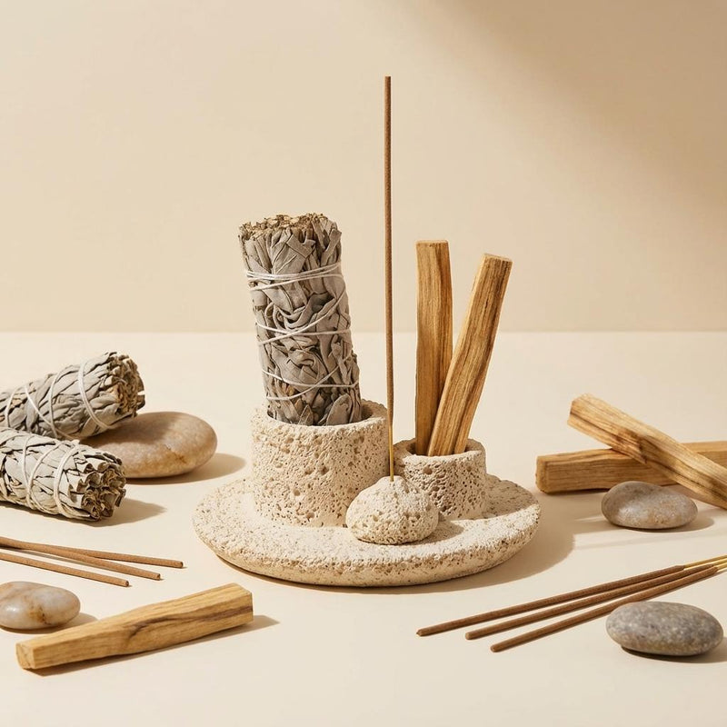 Porte-encens 3-en-1 texturé en céramique avec des palo santo, de la sauge blanche et des bâtons d'encens