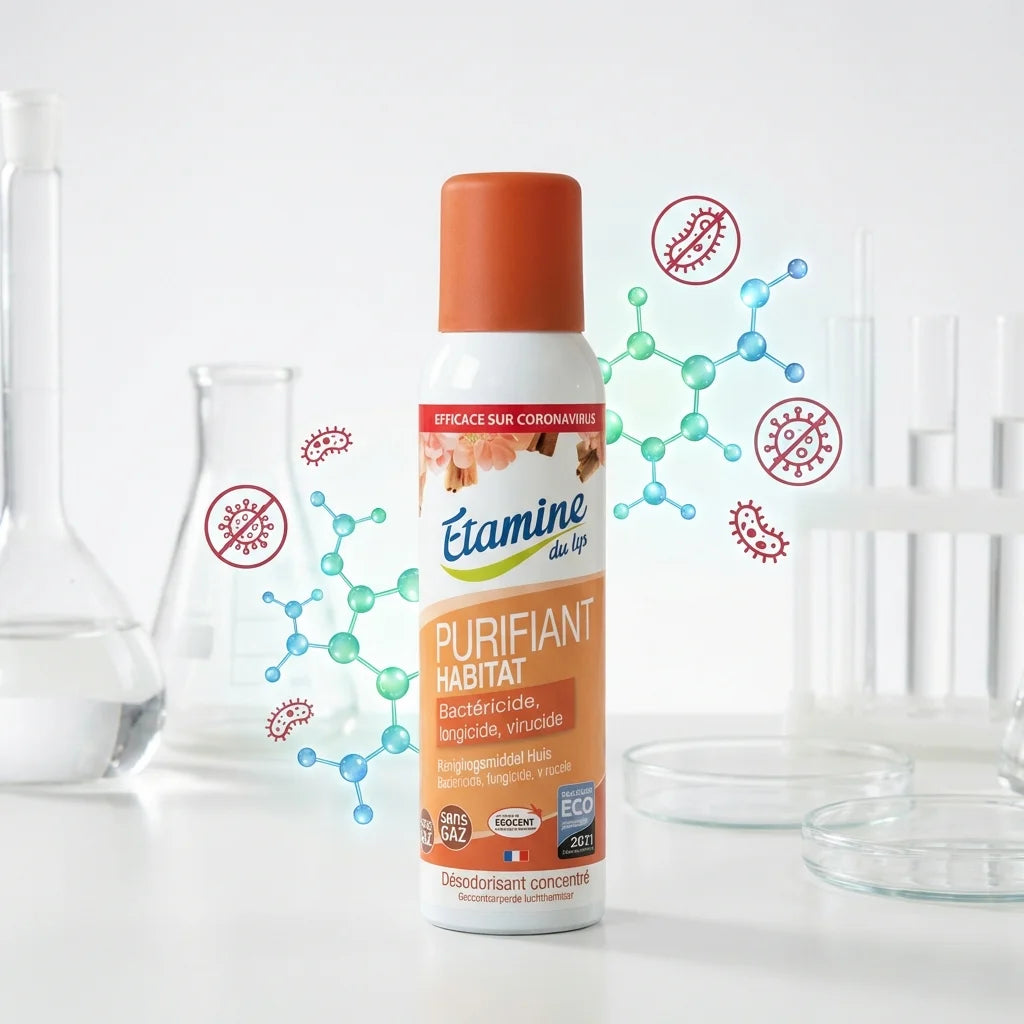 Spray désodorisant Etamine du Lys 125ml Purifiant Habitat sur fond blanc laboratoire