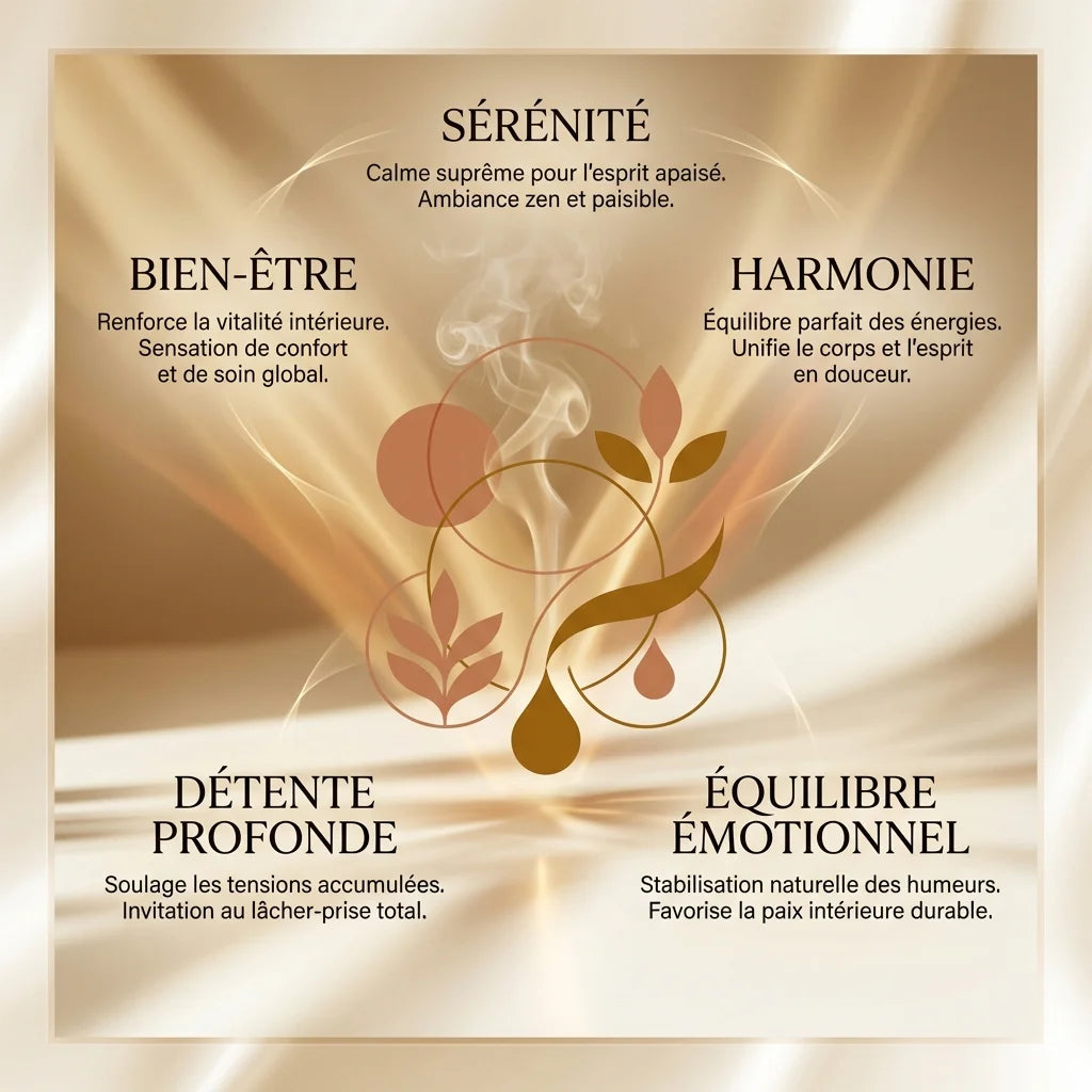 Recharge Diffuseur Patchouli Oudh 400ml - Infographie benefits sérénité bien-être détente