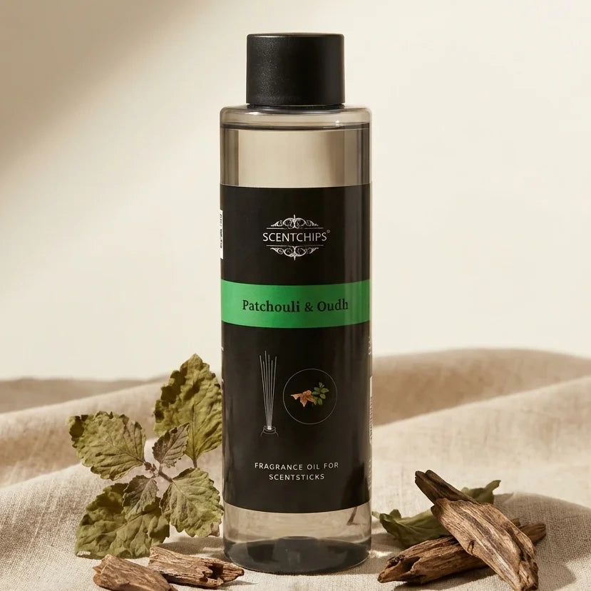 Recharge Diffuseur Patchouli Oudh 400ml Scentchips avec feuilles patchouli et bois oudh