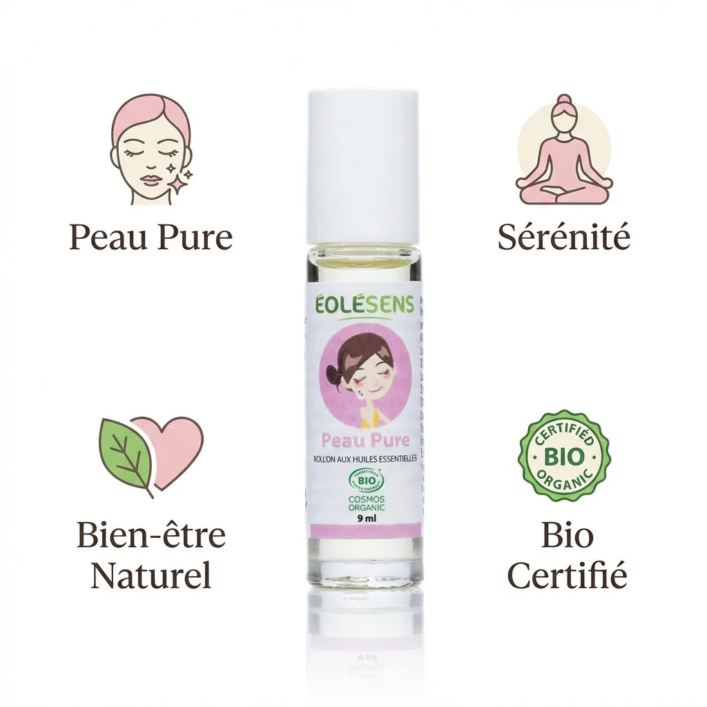 Roll'on huiles essentielles Bio Peau Pure Eolesens 9ml avec icônes de bénéfices bien-être