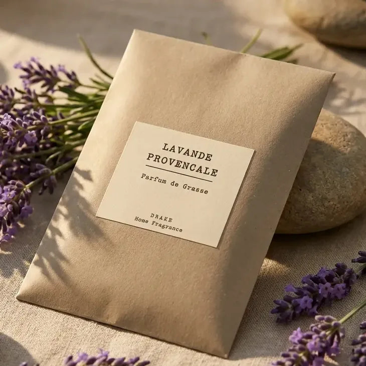 Sachet parfumé lavande de Grasse avec emballage kraft, entouré de fleurs et pierres sur lin naturel