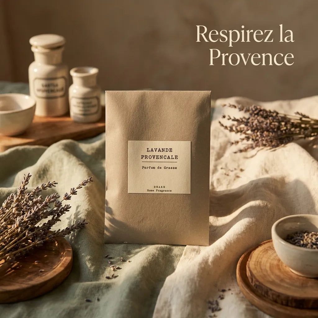 Sachet Parfumé Lavande Provençale avec packaging kraft, brindilles lavande et décoration lifestyle luxe