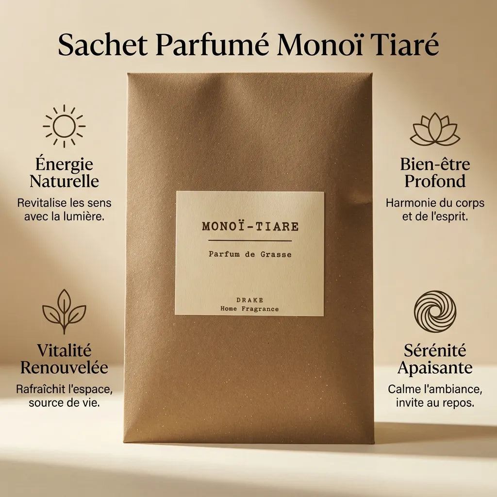 Sachet Parfumé Monoï Tiaré avec bénéfices naturels : énergie, bien-être, vitalité et sérénité